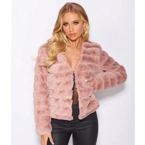 Jackets & Blazers - Pink Faux Fur Long Sleeve Collarless Paneled Jacket